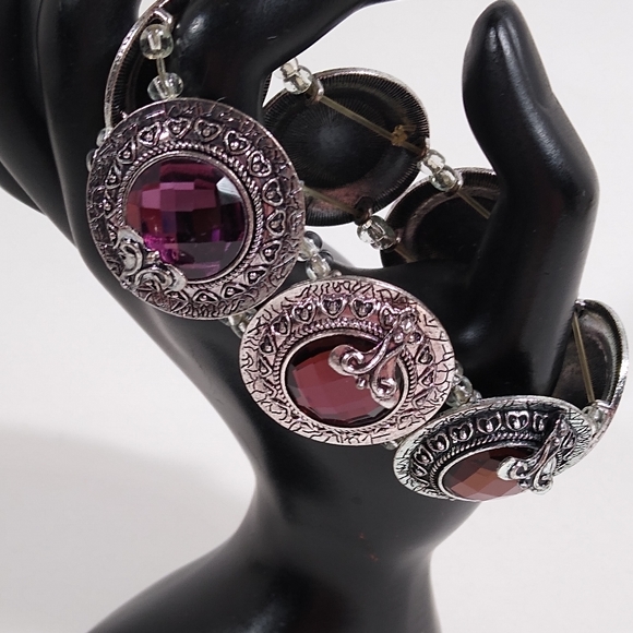 Bracelet Silver Purple Statement Stretch - Picture 1 of 4